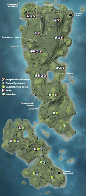Карта заповедника Whitehart Island с ареалами обитания животных.
